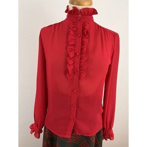 Vintage Corliss Women's 32 Blouse Top Shirt Secretary Geek Frilly Ruffle Red